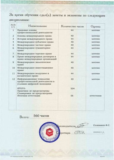 Образец приложения оборотная сторона (аттестационная работа) по программе Международное право