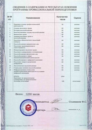 Образец приложения оборотная сторона (итоговое тестирование) по программе Налоговое право