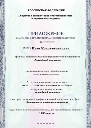 Образец приложения лицевая сторона (итоговое тестирование) по программе Аварийный комиссар