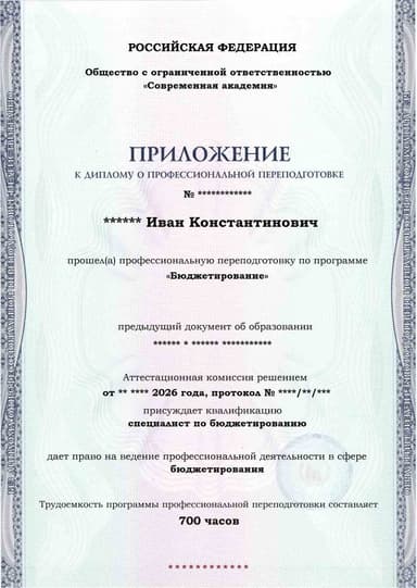 Образец приложения лицевая сторона (итоговое тестирование) по программе Бюджетирование