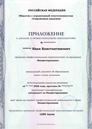 Образец приложения лицевая сторона (итоговое тестирование) по программе Бюджетирование