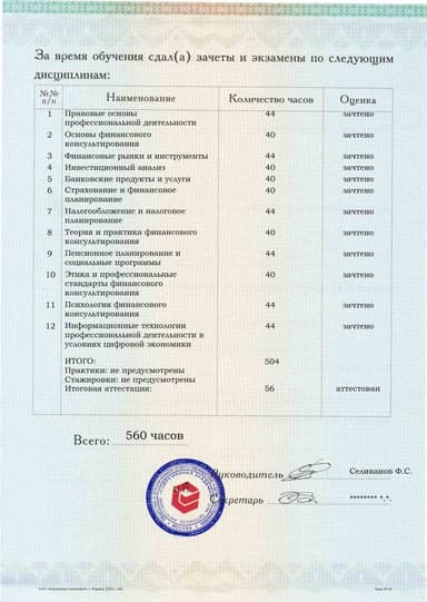 Образец приложения оборотная сторона (аттестационная работа) по программе Финансовое консультирование
