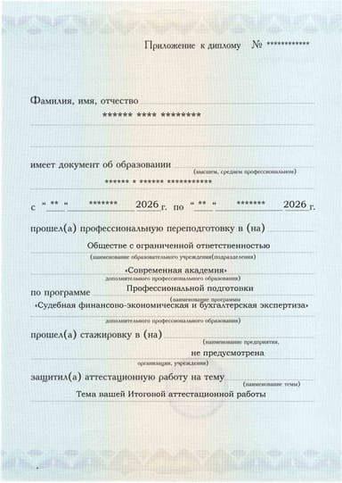 Образец приложения лицевая сторона (аттестационная работа) по программе Судебная финансово-экономическая и бухгалтерская экспертиза