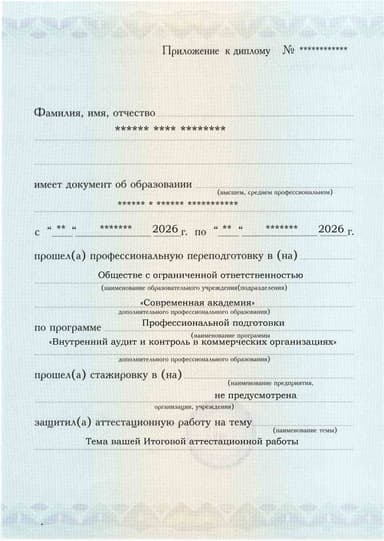 Образец приложения лицевая сторона (аттестационная работа) по программе Внутренний аудит и контроль в коммерческих организациях