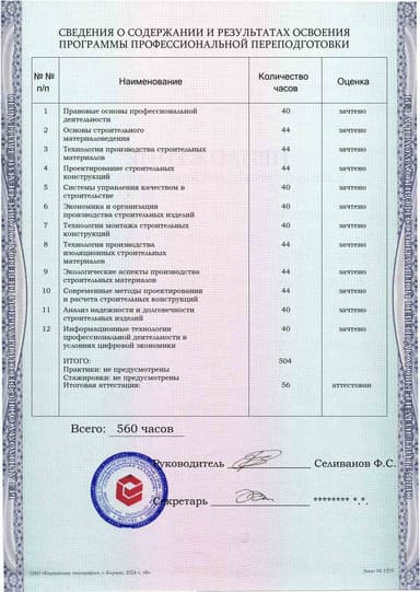 Образец приложения оборотная сторона (итоговое тестирование) по программе Производство строительных изделий и конструкций